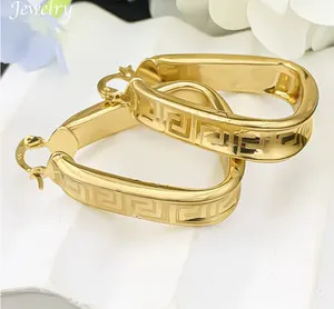 Authentic MEDIUM GREEK KEY TRIANGLE HOOP EARRINGS 18K GOLD PLATED 1.5"