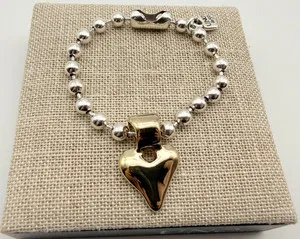 Authentic Uno de 50 BEAT Silver & 18k Gold Plated Bead Bracelet Heart Charm Medium