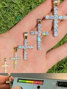 Authentic 14k Gold Plated 925 Silver Cross Pendant Real MOISSANITE Necklace Passes Tester