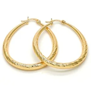 Authentic Diamond Cut Women's Medium Real Gold Plated Oval Teardrop 1.5" -2 Hoop Earrings