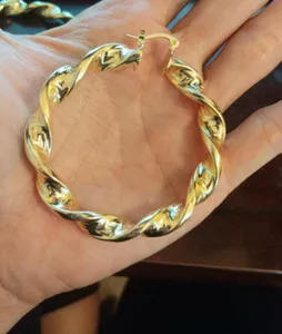 Authentic MEDIUM LARGE HOOP EARRINGS 18k GOLD PLATED GREEK KEY TWIST DESIGN 2.25"