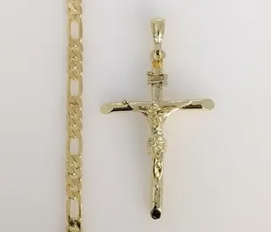 Authentic Gold Plated Cross Crucifix Medium Pendant 5mm Chain Necklace Oro Cruz Cadena