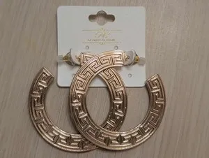 Authentic MEDIUM LARGE HOOP EARRINGS GOLD PLATED GREEK KEY FLAT DESIGN 2.25"