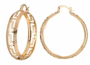 Authentic MEDIUM 1.5" HOOP EARRINGS YELLOW GOLD PLATED GREEK KEY DIAMOND CUT DESIGN