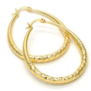 Authentic Diamond Cut Women's Medium Real Gold Plated Teardrop 1.5" Oval Hoop Earrings
