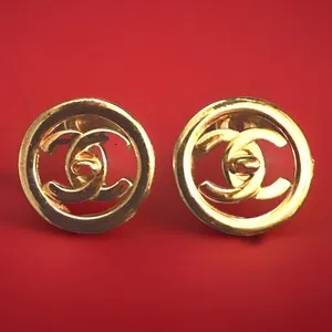 Authentic CHANEL CC Turn Lock Earrings 24kt Gold Plated Round Encircled Logo
