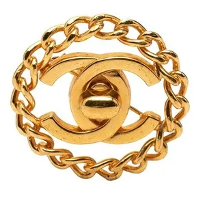 Authentic Chanel Coco Mark Vintage Turn Lock Chain Brooch 97A Gold Plated