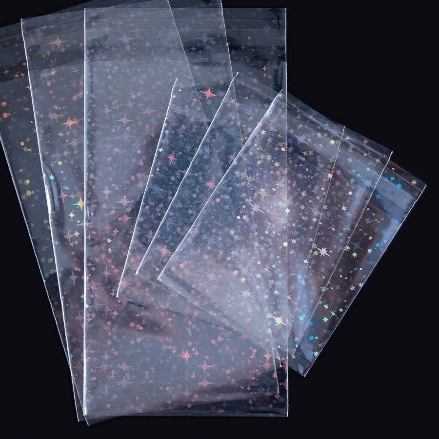 Authentic 20/50pcs Clear Flash Star Self-adhesive Bags Holographic Laser Pouch for DIY Jewelry Package Badge Sample Candy Plastic Bag