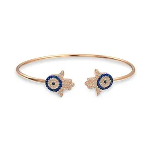 Authentic CZ Pave Hamsa Hand Evil Eye Bangle Bracelet, Rose Gold Plated Sterling Silver
