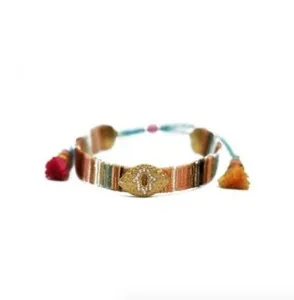 Authentic Celestial Hamsa Charm Bracelet – Silver & Gold‑Plated Hammered Coin with Earth‑Toned Tassel