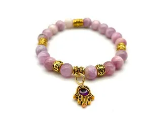 Authentic Handmade 8mm Kunzite Gemstone Bracelet with Gold Plated Evil Eye Hamsa Hand