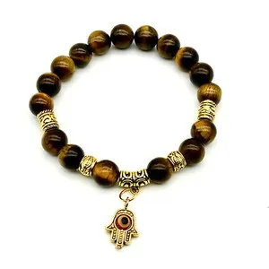 Authentic Handmade 10mm Tiger Eye Gemstone Bracelet with Gold Plated Evil Eye Hamsa Hand