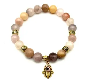 Authentic Handmade 10mm Lavender Quartz Gemstone Bracelet, Gold Plated Evil Eye Hamsa Hand