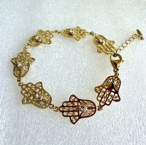 Authentic Gold Plated Hamsa Hand Link Bracelet Clear Rhinestone Accents XP Stamped
