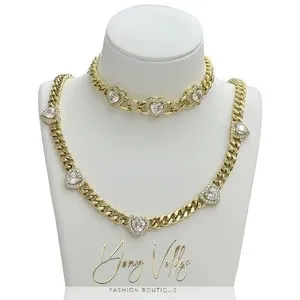 Authentic Women’s Gold Plated Cuban Link Heart Necklace & Bracelet Set 20”