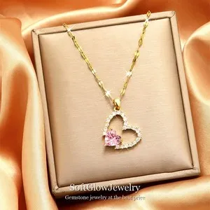 Authentic Pink CZ Hollow Heart Gold Plated Pendant Necklace Women