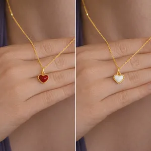 Authentic Double Sided Heart Pendant Red & White Enamel 18K Gold Plated Women