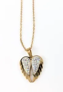 Authentic 20 inch Gold Plated Chain Necklace w/ Crystal Angel Wings Heart Shaped Pendant