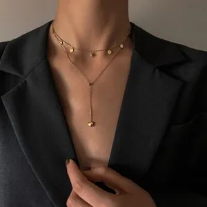 Authentic Woman 18K Gold Plated 2 Layers Discs Heart Charm Tassel Chain