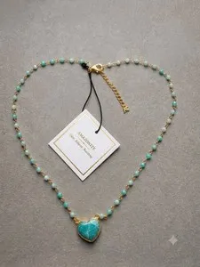 Authentic Genuine Amazonite Heart Pendant & Beaded 18K Gold Plated Necklace Handmade India