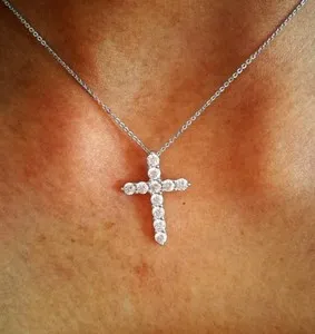 Authentic 1 Ct Cross Pendant Necklace Simulated Diamond 14K Solid White Gold-Plated Silver