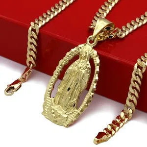 Authentic Mens 18k Gold Plated Hip Hop HOLY MARY Pendant 5mm 24" Cuban Necklace Chain