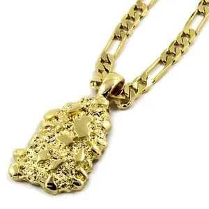 Authentic Mens 14K Gold Plated Nugget Pendant Hip-Hop 5mm/24" Figaro Chain