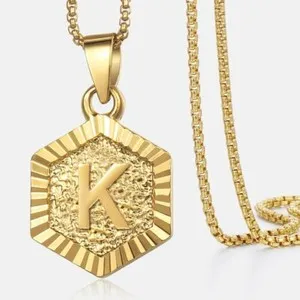Authentic Hexagon A-Z Gold Plated 14k Initial Letter Pendant Necklace 18"-22" Mens Womens