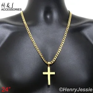 Authentic 24"MEN 6mm Gold Plated Cuban Curb Chain Plain Cross Pendant*P64
