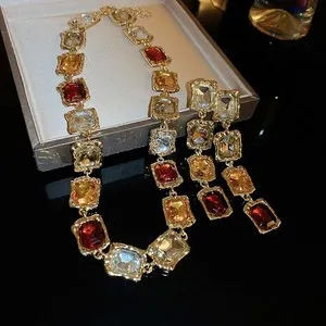 Authentic Gold Plated Necklace Multi Color Simulated Gemstone Collar Earring Set