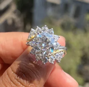 Authentic 5.24TCW Round Cut Moissanite Women's Flowers Ring In 14k Multi Gold Plated