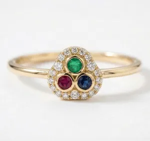 Authentic Gold Plated Halo Proposal Ring, 925 Silver Lab Grown Emerald & Multi Stone Ring