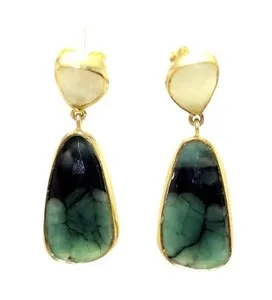 Authentic Natural Emerald & Multi Sapphire Gem Dangle Earrings 14K Yellow Gold Plated