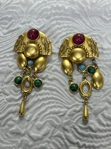 Authentic Vintage Natasha Stambouli Multi Color Glass Cabochon 24K Gold Plated Dangle Clip