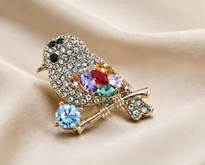 Authentic 6Ct Simulated Diamond Multi-Color Crystal Bird Brooch Pin 14K Yellow Gold Plated