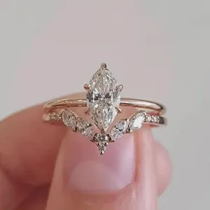 Authentic Marquise Cut Moissanite Solitaire Wedding Ring Set, Multi Stone Chevron Band