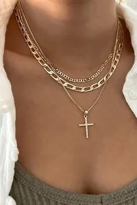 Authentic Gold Plated Cross Pendant Multi Layer Stacked Chains Necklace