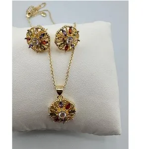 Authentic 14k Gold Plated Multi-Color Stone Sunburst Necklace and Stud Earrings Set