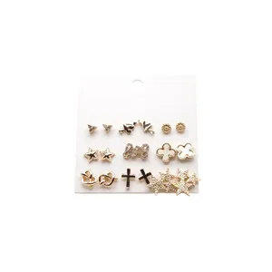 Authentic 14k Gold Plated Multi Stud Earrings Set (9 Pairs) Jewelry