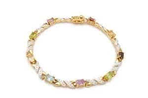 Authentic Gold Plated Sterling Silver 925 Multi Gemstone Diamond Tennis Bracelet 7.5"