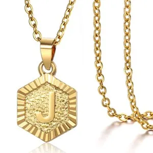 Authentic Hexagon Gold Plated Initial Necklace Letter Pendant Multi Chain Women Men