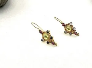 Authentic Gold Plated Sterling 925 Multi Gemstone Earrings Multi Color