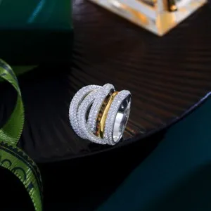 Authentic Luxury Multi-Tone Gold Plated Twist Lines Geometric CZ Engagement Bridal Ring