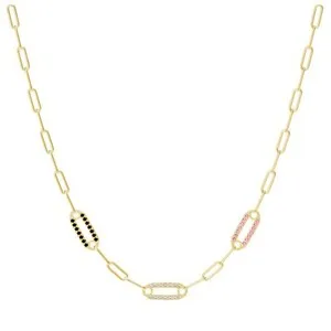 Authentic 14K Yellow Gold Plated Paperclip Chain Multi Color CZ Charm Necklace