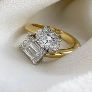Authentic 4.36TCW Oval & Emerald Moissanite Toi Et Moi Wedding Ring 14K Multi Gold Plated