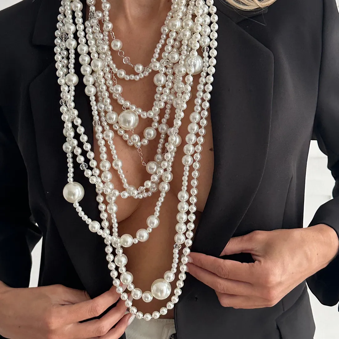 Authentic SHIXIN Exaggerated Multi-layer Imitation Pearl Choker Necklace Women Luxury Long Tassel Pendant Sweater Chain Bridal Wed Jewelry