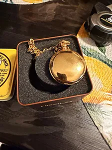 Authentic Fossil Full Hunter Gold-Plated Yellow Gold Pocket Watch Moon Phase w/ Chain