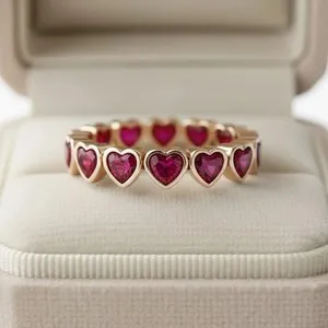 Authentic Lab Created Pink Ruby 3.00Ct Heart Cut Full Eternity Ring 14K Yellow Gold Plated