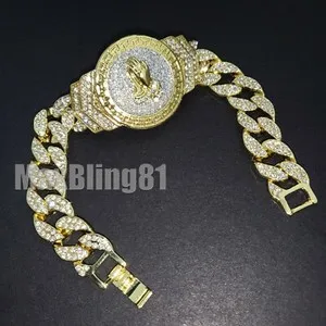 Authentic 14K Gold Plated 8.5" CZ Full Iced Praying Hands Cuban Hip Hop Bracelet