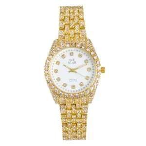 Authentic WOMEN FULL ICED BAND LUXURY STYLE GOLD PLATED SIMULATED DIAMOND WRIST WATCH